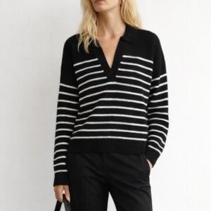 Wilfred Aritzia Polo Sweater Clara Wool Striped Black Cream Coastal Preppy